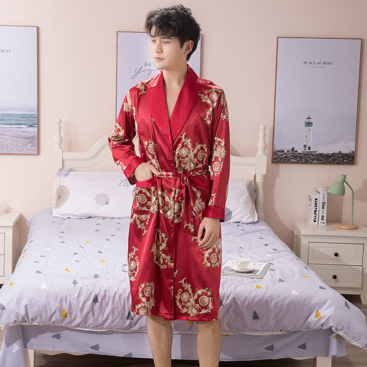 chinese-print-kimono-robe-mens-full-sleeve-bathrobe-gown-faux-silk-home-wear-casual-turn-down-collar-sleepwear-loose-nightwear