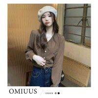 [OMIUUS] Women Beautiful V-neck Shirt Casual Long Sleeve Blouses