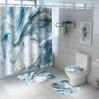 QSR STORE Marble Shower Curtain Sets Natural Luxury Ocean Art Blue Gold Powder Fabric Bathroom Set Non-Slip Rugs Toilet Lid Cover Bath Mat