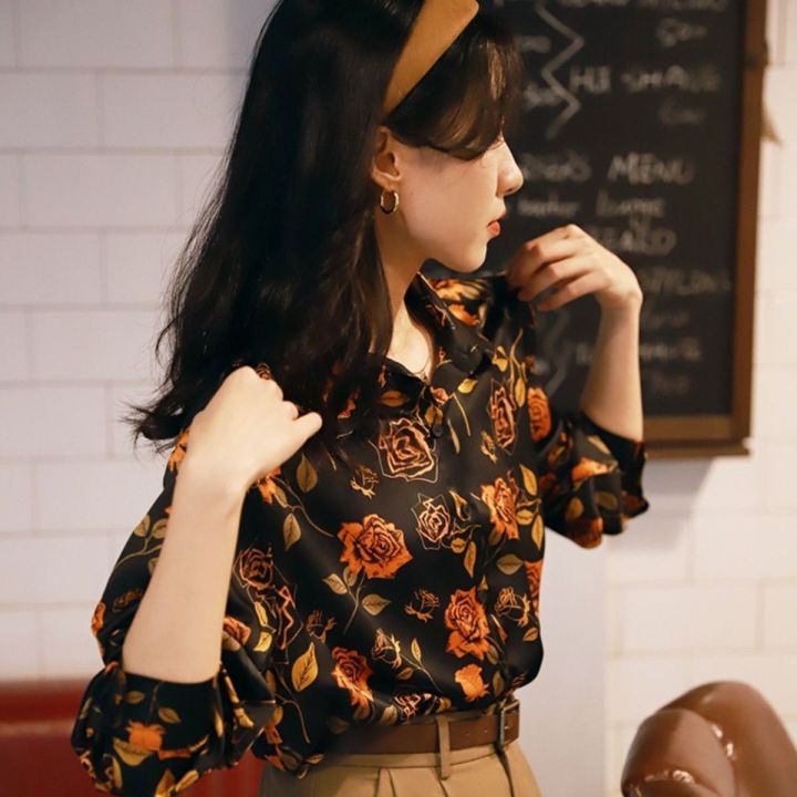 rose-floral-retro-ฤดูใบไม้ร่วงใหม่แขนยาวออกแบบ2022อารมณ์อาวุโสเสื้อหลวม-top-women