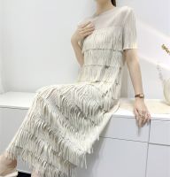 2023 Hot  new Miyake high-end tassel splicing cake skirt womens summer long pleated temperament age-reducing short-sleeved dress