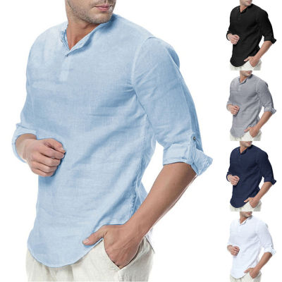HX Men Stand Collar T เสื้อลำลองผ้าลินินสีทึบเสื้อแขนยาว Slim Fit Shirt