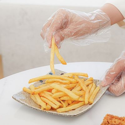 Sarung Tangan Sekali Pakai Pelindung Aman untuk Makanan Kelas Katering Sarung Tangan Film PE Plastik Transparan Lobster Makanan Makan
