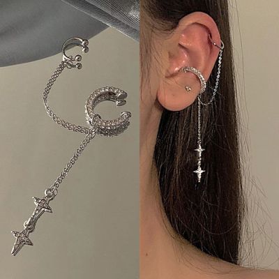 【YF】 Shiny Silver Color Crystal Tassel Non-Piercing Cuff Ear Clip Earring For Women Rhinestone Star Fake Cartilage Piercing Jewelry