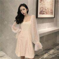 Temperament mid-length short-sleeved dress with mesh splicing long-sleeved waist slimming dress in autumn