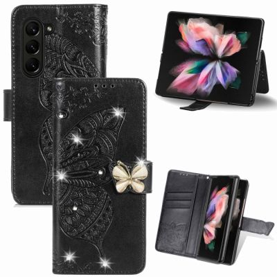 เคสโทรศัพท์หนังประดับพลอยเทียมนูนผีเสื้อรักดอกไม้สำหรับ Samsung Galaxy Z Fold5 5G