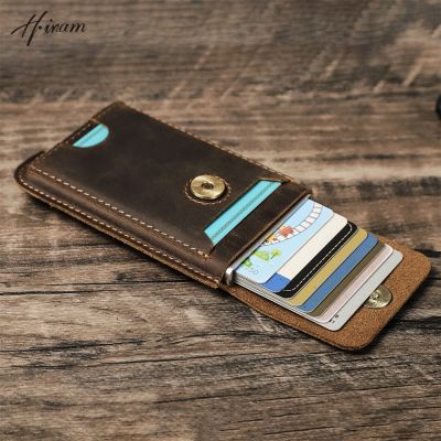 Hiram Vintage Genuine Leather RFID Blocking Card Holder Wallet for Men Luxury Card Wallet Case Aluminum Metal Slim Cardholder