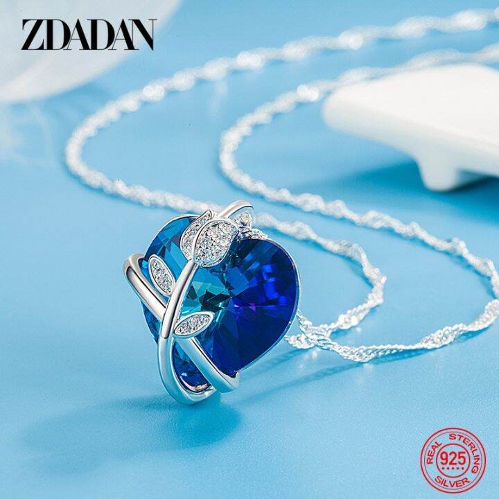 zdadan-925เงินสเตอร์ลิงกุหลาบดอกไม้สีฟ้าสร้อยคอคริสตัลหัวใจสำหรับเครื่องประดับแฟชั่นสำหรับผู้หญิง