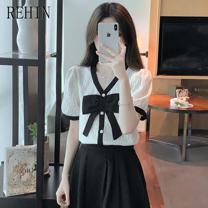 rehin-เสื้อผู้หญิงคอวีแขนโบว์ลูกไม้ฉบับภาษาเกาหลีหรูหรา-เสื้อผู้หญิงแขนสั้น