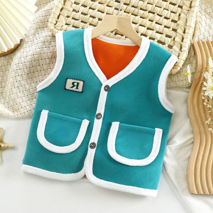 cod-manufacturers-new-childrens-korean-vest-spring-and-autumn-boys-tops-girls-cardigan-plus-cashmere-thickened-factory-direct-sales