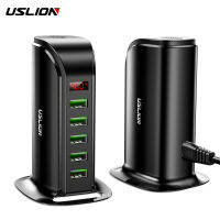 USLION อแดปเตอร์ 5 Port USB Charger HUB LED Display Multi USB Charging Station Dock Universal Mobile Phone Desktop Wall Home US Plug