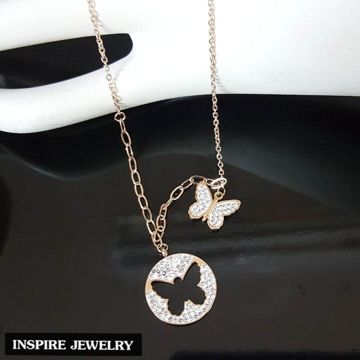 inspire-jewelry-ชุดเซ็ท-สร้อยรูปผีเสื้อ-design-ตัวเรือนสร้อย-pink-gold-ขนาด-16-18-นิ้ว-ปรับขนาดได้