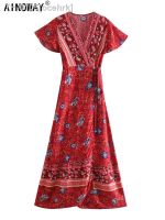 ❅♛∈ ocehrk Vestido longo para mulheres estilo boêmio chique estampa floral manga de morcego sexy pescoço v boho verão