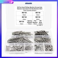 LOVOKK 400pcs หัวกระทะ สกรูสำหรับเครื่องจักร 304สแตนเลสสตีล Phillips น็อต M3 ชุดสกรูและน็อต M3 x 20มม./25มม./30มม./35มม./40มม วงแหวนแบน ผลิตภัณฑ์อิเล็กทรอนิกส์ซ่อมแซมเฟอร์นิเจอร์งานไม้และโครงการ DIY