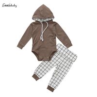 0-18M Newborn Baby Boy Girl Long Sleeve Hooded Romper Tops White Plaid Pant Trouser 2PCS Outfit Infant Kids Clothing Set  by Hs2023