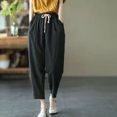 ‘；’ Fashion Cotton Linen Harem Pants Women Summer Loose High Waist Elastic Ankle-Length Pants Retro Pockets Solid Lady Casual Pants