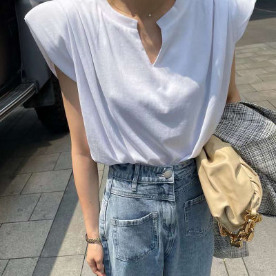 TWOTWINSTYLE Casual White T Shirt For Women V Neck Sleeveless Korean Solid Minimalist T Shirts Females  Summer Fashion Style