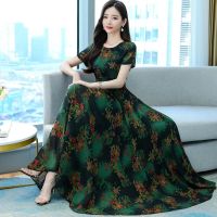 2023 Women Milk Silk Waist-in Dress Fashion Round Neck Short Sleeves Midi Skirt High Waist Floral Printing A-line Skirt