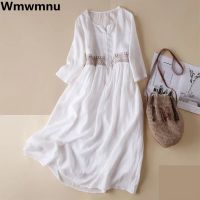 【YF】 Cotton Linen Embroider Beach Casual A-line Dress Elegant Vintage Loose Dresses Summer 3/4 Sleeve Robe Female New Midi Vestido