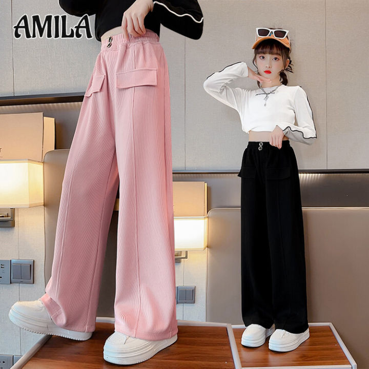 amila-กางเกงสไตล์เกาหลีลำลองเด็กผู้หญิง-สไตล์ใหม่สำหรับวัยกลางคนและเด็กโตกางเกงขาบานแฟชั่นลายทางสำหรับเด็กผู้หญิง