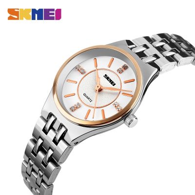 SKMEI ใหม่สุภาพสตรีนาฬิกาควอตซ์นาฬิกาข้อมือหรูยอดนิยมยี่ห้อสแตนเลส Stell สายคล้องผู้หญิงนาฬิกากันน้ำ