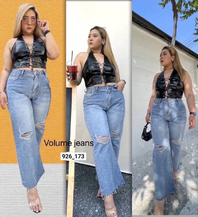 กางเกงยีนส์ เอว 2XL-6XL กางเกงยีนส์เอวสูงสไตส์เกาหลี กางเกงยีนส์ทรงกระบอกใหญ่เอวสูง กางเกงคนอ้วน กางเกงยีนส์สาวอวบ