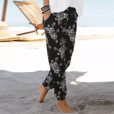 Women Loose Mid Waist Boho Pants Casual Bohemian Trousers Print Full Length Breathable Slacks Beach Pants