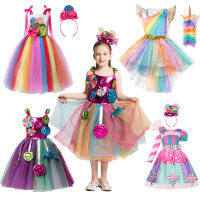 Dress for New Year  Candy Girl Clothes Unicorn Kids Birthday Fancy Rainbow Tutu Dress with Hairband Child Party Gown