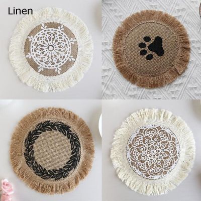 NEW tassels round Natural Jute Burlap weave Printed table place mat pad Cloth placemat cup coaster doily kitchen accessory