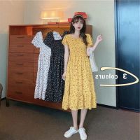 COD DSFERTGERRYYY Korean Version of Floral Chiffon Dress Summer New Retro Square Collar High Waist Short-sleeved Ruffled Mid-length Dress Women