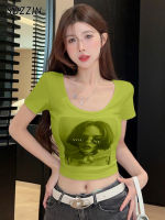 SUZZIN เสื้อยืดแขนสั้นสำหรับผู้หญิงลายสั้นการ์ตูนส่วนบุคคลวินเทจ