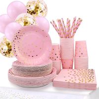 【LZ】 Pink Gold Dot Wedding Party Disposable Tableware Paper Cup Plate 1st Birthday Party Decor Kids Girl Baby Shower Party Supplies