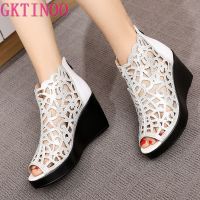 GKTINOO 2023 Summer New Fish Mouth Hollow Rhinestone Shoes Wedge Sandals High Heel Sandals Fashion Elegant Women Sandals