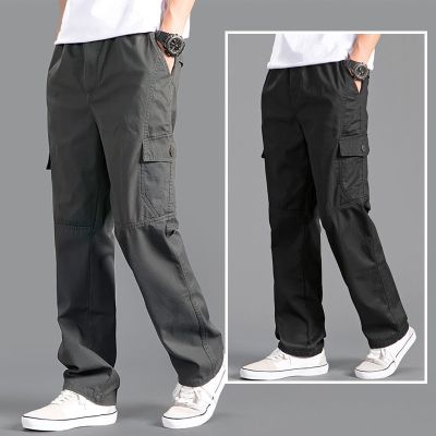 New Cargo Pants Mens Loose Large Size Straight Multi-pocket Solid Khaki Versatile Work Wear Jogger Cotton Casual Male Trousers
