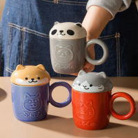 Cute Cartoon Panda Hedgehog Cat Dog Cup With Lid and Ring Handle Ceramic Personalized Animal Mugs For Coffee Tea Milk Funny Gift