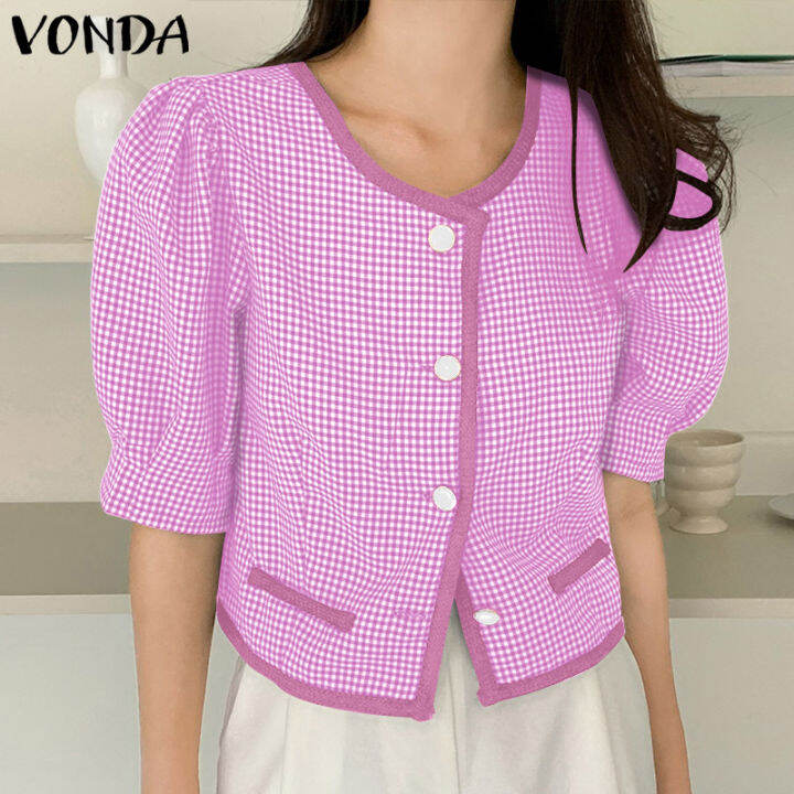 จัดส่งฟรี-fancystyle-vonda-ผู้หญิงเดินทางวินเทจตาข่ายปุ่มลูกเรือคอเสื้ออเนกประสงค์พัฟแขนสั้นเสื้อ-2