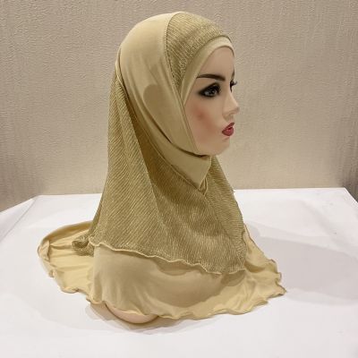 【YF】 H076 High Quality Big Girls Adult Medium Size Muslim Amira Hijab With Lurex Net Layer Pull On Scarf Head Wrap Shawl Bonnet
