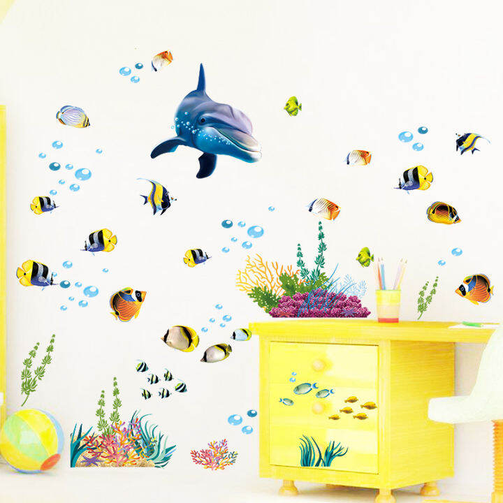 dolphin-fish-aquarium-ocean-wall-stickers-for-kids-rooms-bathroom-kitchen-home-decor-cartoon-animals-decals-pvc-mural-art