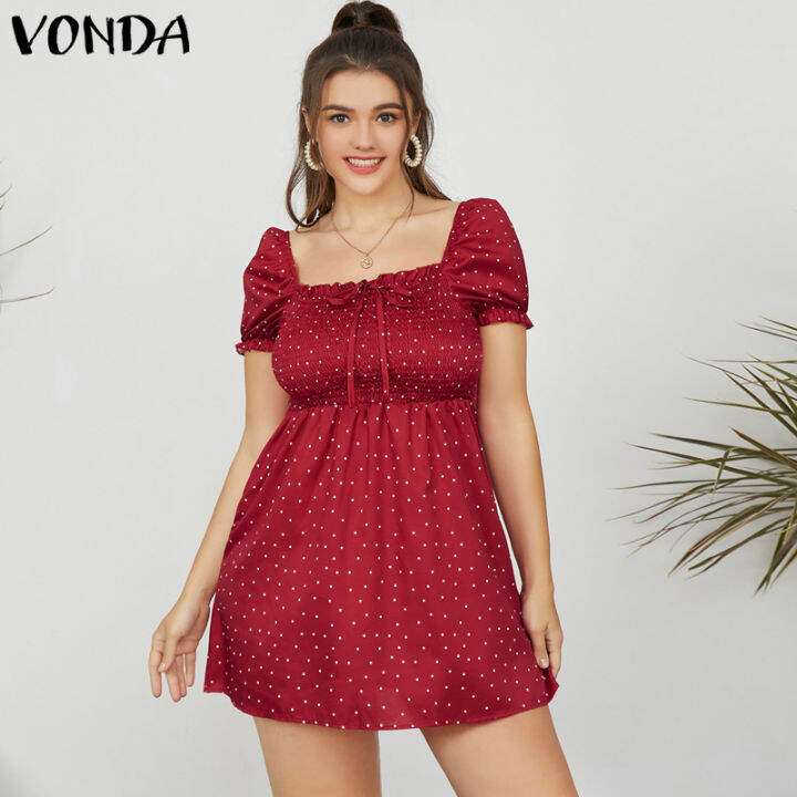 Vonda Women Short Sleeve Holiday Casual Dress Solid Pleated Dress Polka