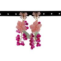 Y·YING Pink Shell Carved Flower Aventurine carved Leaf Fuchsia Agate Dangle Stud Earrings handmade earrings