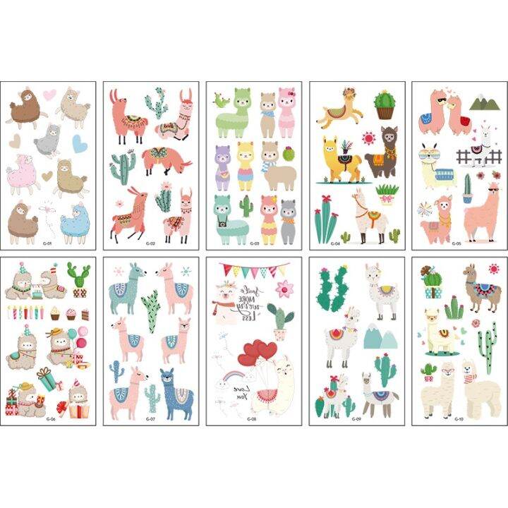 hot-dt-10-pack-fake-stickers-cartoon-temporary-tattoos-kids-arm-alpaca-fun