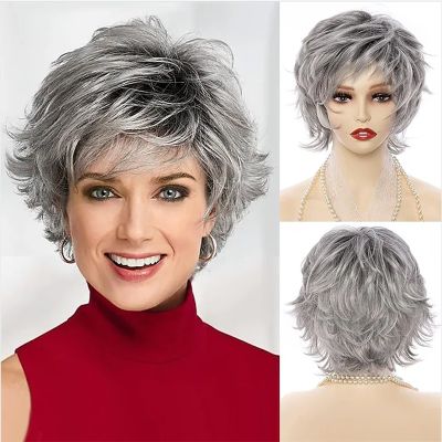 HAIRJOY Synthetic Hair Mix Color for Women Heat Resistant Fiber Daily Short Curly Wigs Gray Fluffy Layered with Bangs [ Hot sell ] tool center