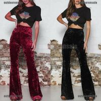 Women High Waist Crushed Velvet Flare Pants Casual Bell Bottoms Trousers