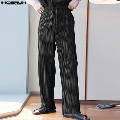 INCERUN กางเกงขายาวเอวยางยืดสำหรับผู้ชายกางเกงขายาวแบบลำลองกางเกงกีฬากันเหงื่อ (สไตล์เกาหลี)