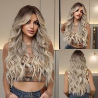 【LZ】☁❈◈  Long Grey Blonde Synthetic Wig for Women Ombre Blonde Wavy Wig with Bangs Natural Looking Daily Party High Temperature Fake Hair