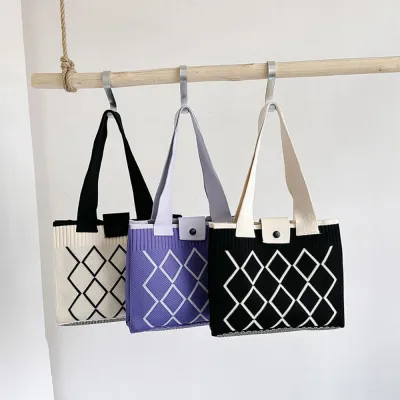Student Large Capacity Tote Bag Weave Womens Bag Versatile Line Rhombic Lattice Shoulder Bag
