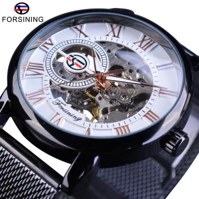 Forsining Mens Watch Openwork Mechanical Wristwatches Black Stainless Steel Band Transparent Case Fashion Luminous Hands Design