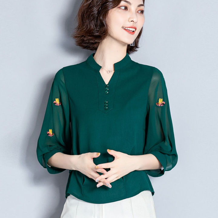 เสื้อเชิ้ตผ้าชีฟอง2023ใหม่สำหรับผู้หญิงเสื้อปักลายแบบผ่อนคลายแขน7-4เสื้อเชิ้ตด้านล่างแบบตะวันตกสำหรับฤดูใบไม้ผลิ-ฤดูร้อนแฟชั่นขั้นสูง