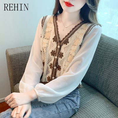 REHIN เสื้อสเวตเตอร์ถักฉบับภาษาเกาหลีคอวีแขนยาวสำหรับผู้หญิง2023ฤดูใบไม้ร่วง