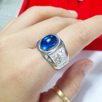 Jewelrythai แหวนเงินแท้ ผู้ชาย พลอยไพลิน สังเคราะห์ สีฟ้า แหวนผู้ชาย ตัวเรือนเงินแท้ 92.5 % แหวนลายราหู แหวนสีฟ้า ไซส์ 62